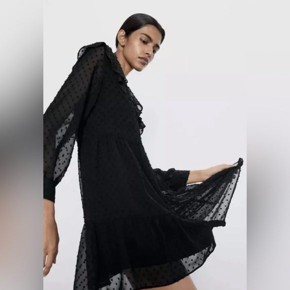 Zara Black Dotted Mesh Dress with Ruffles | Small - Picture 1 of 10
